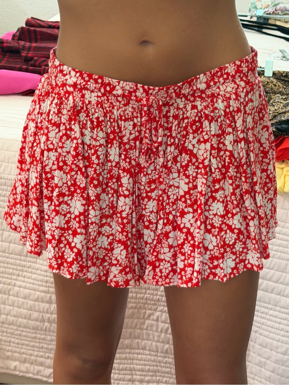 Red Floral Pleated Mini Shorts